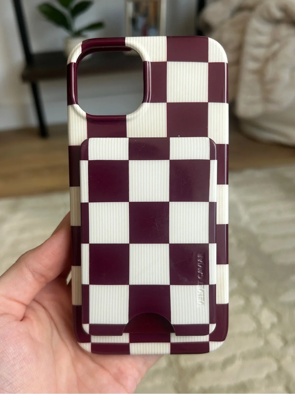 Velvet Caviar ‘Burgundy Vibe Checker’ iPhone 14 case and MagSafe wallet set